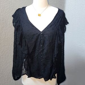 ZARA Black Ruffle Lace Trim Swiss Dot Blouse Size Large